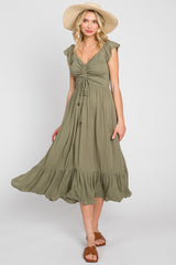 Olive Smocked Ruched Ruffle Hem Maternity Maxi Dress