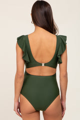 Olive Cutout Flutter One Piece Maternity Swimsuit