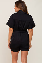 Black Satin Button Down Maternity Romper