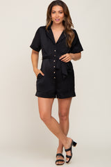 Black Satin Button Down Maternity Romper