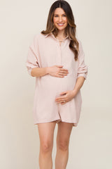 Beige Long Sleeve Button Down Maternity Romper