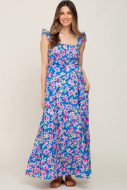 Royal Blue Floral Square Neck Ruffle Tiered Maternity Maxi Dress