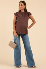 Brown Mock Neck Flutter Maternity Blouse