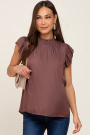 Brown Mock Neck Flutter Maternity Blouse