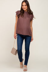 Brown Mock Neck Flutter Maternity Blouse