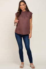 Brown Mock Neck Flutter Maternity Blouse