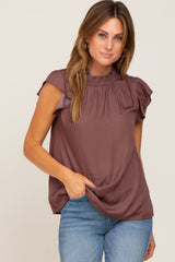 Brown Mock Neck Flutter Maternity Blouse