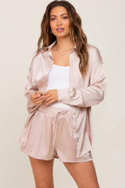 Light Taupe Button Up and Short Satin Maternity Set