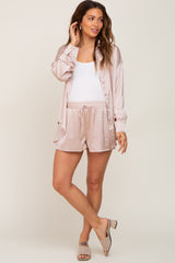 Light Taupe Button Up and Short Satin Maternity Set