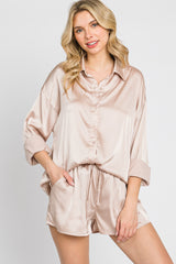 Light Taupe Button Up and Short Satin Set