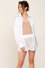 Ivory Button Up and Short Satin Maternity Set