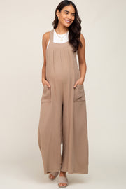 Beige Wide Leg Tie Back Maternity Overalls