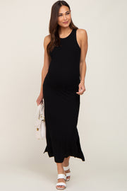 Black Ribbed Maternity Side Slit Tank Dress