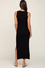 Black Ribbed Maternity Side Slit Tank Dress