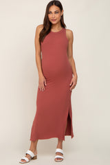 Rust Ribbed Maternity Side Slit Tank Dress