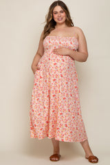 Peach Square Neck Smocked Plus Maternity Midi Dress