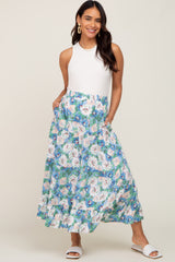 Blue Floral Tiered Maternity Maxi Skirt