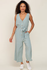 Mint Green Sleeveless Button Front Cropped Jumpsuit