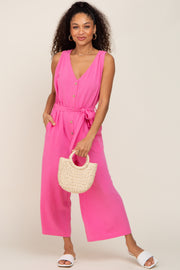 Pink Sleeveless Button Front Cropped Jumpsuit