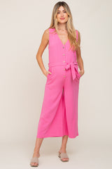 Pink Sleeveless Button Front Maternity Cropped Jumpsuit