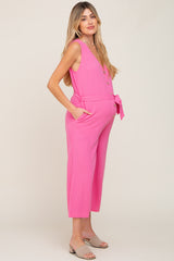 Pink Sleeveless Button Front Maternity Cropped Jumpsuit