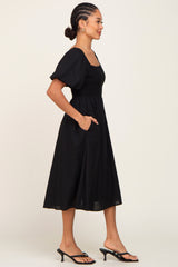 Black Smocked Puff Sleeve Midi Dress