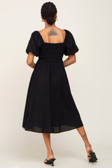 Black Smocked Puff Sleeve Midi Dress