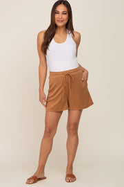 Camel Drawstring Waist Maternity Shorts