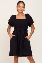 Black Smocked Puff Sleeve Maternity Dress