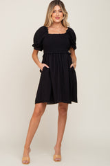 Black Smocked Puff Sleeve Maternity Dress