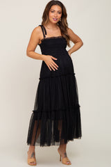 Black Smocked Mesh Maternity Midi Dress