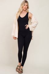 Black V-Neck Seamless Ribbed Fitted Maternity Jumpsuit