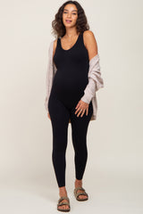 Black V-Neck Seamless Ribbed Fitted Maternity Jumpsuit