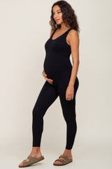 Black V-Neck Seamless Ribbed Fitted Maternity Jumpsuit