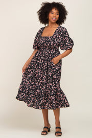 Black Floral Smocked Midi Dress