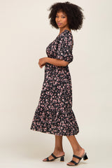 Black Floral Smocked Midi Dress