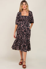 Black Floral Smocked Maternity Midi Dress