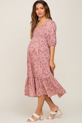 Pink Floral Smocked Maternity Midi Dress