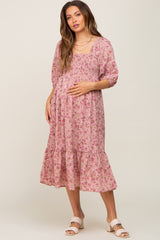 Pink Floral Smocked Maternity Midi Dress