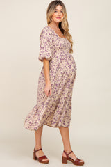 Cream Floral Smocked Maternity Midi Dress