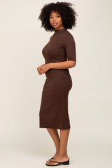 Brown Ribbed Mock Neck Midi Dress