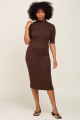 Brown Ribbed Mock Neck Midi Dress