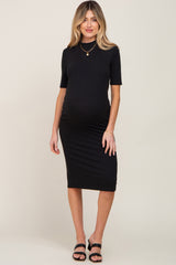 Black Ribbed Mock Neck Maternity Midi Dress