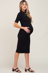 Black Ribbed Mock Neck Maternity Midi Dress