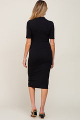 Black Ribbed Mock Neck Maternity Midi Dress