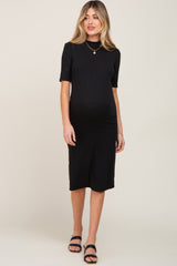 Black Ribbed Mock Neck Maternity Midi Dress