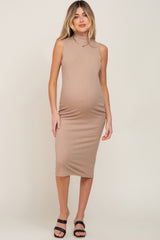 Taupe Ribbed Sleeveless Mock Neck Maternity Midi Dress