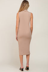 Taupe Ribbed Sleeveless Mock Neck Maternity Midi Dress