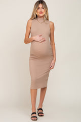 Taupe Ribbed Sleeveless Mock Neck Maternity Midi Dress