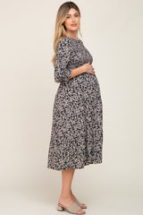 Black Floral Smocked 3/4 Sleeve Maternity Midi Dress